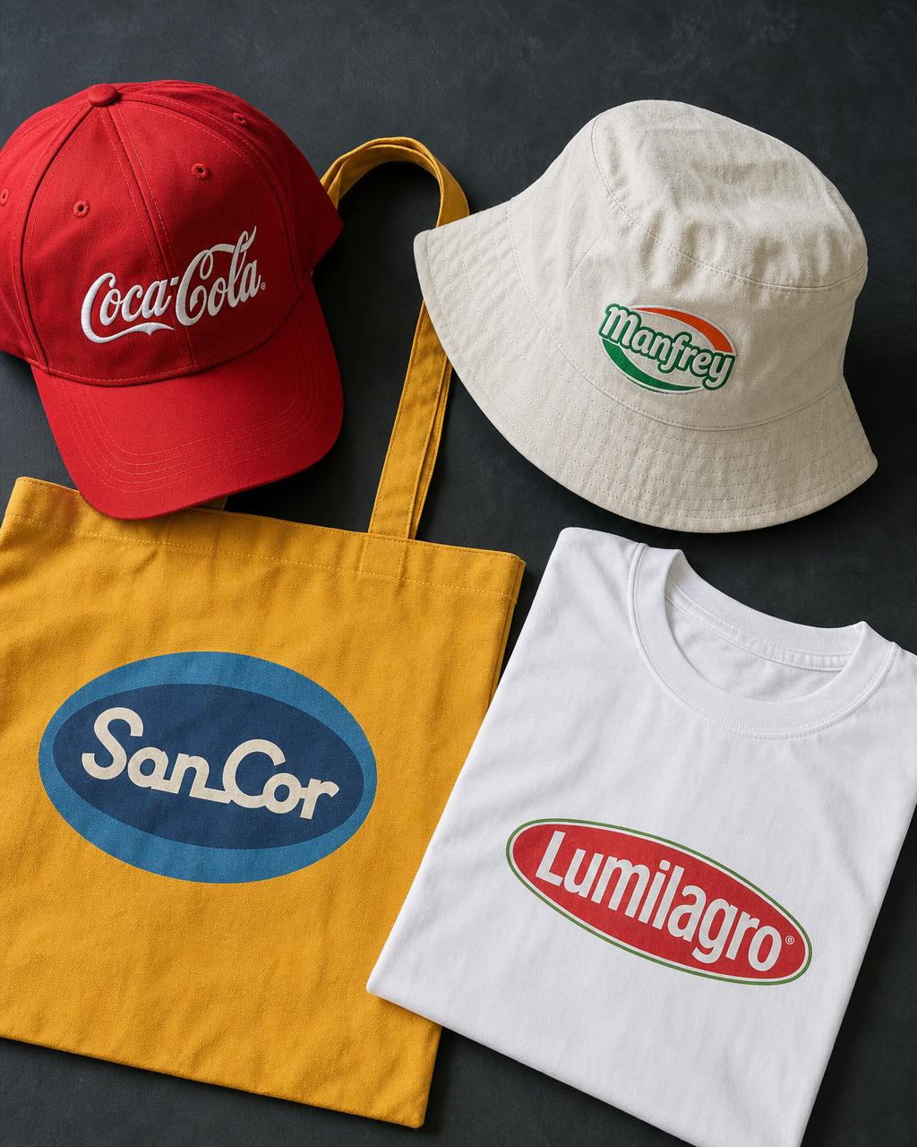 Gorras, pilusos, totebags y remeras con logos de marcas conocidas personalizados por MERCHANSHOP
